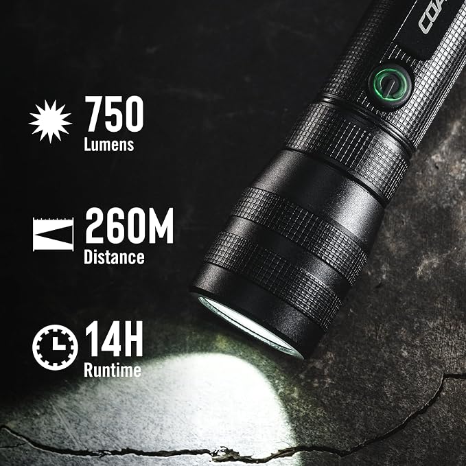 Linterna Táctica COAST G55 | 750 Lúmenes, Enfoque Ajustable y Batería "Dual Power"