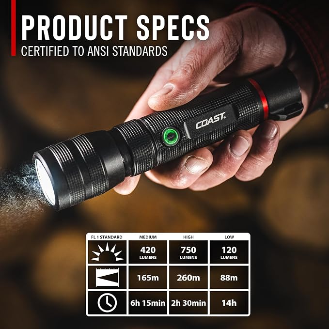 Linterna Táctica COAST G55 | 750 Lúmenes, Enfoque Ajustable y Batería "Dual Power"